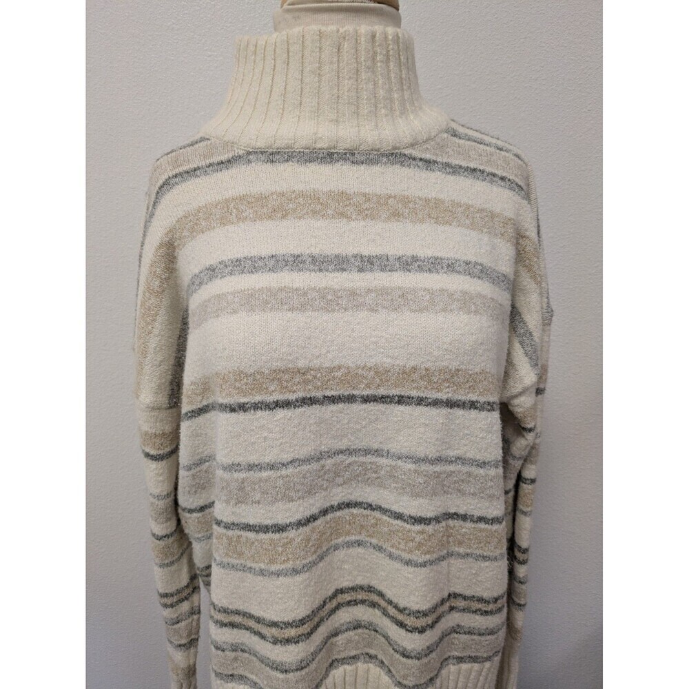 Eddie Bauer Beige Ivory Gray Striped Turtleneck Sweater sz M Classic Preppy - Picture 2 of 9